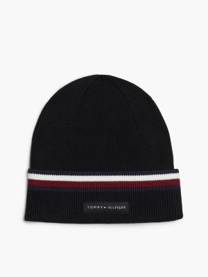 black corporate signature tape beanie for men tommy hilfiger