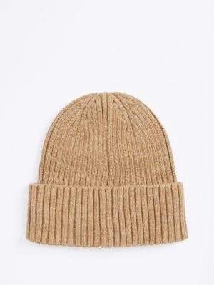 khaki beanie met kasjmier en hilfiger-vlag voor heren - tommy hilfiger