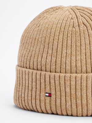 khaki beanie met kasjmier en hilfiger-vlag voor heren - tommy hilfiger