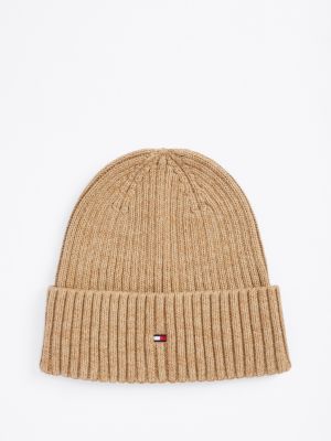 khaki beanie mit kaschmir und hilfiger-flag für herren - tommy hilfiger