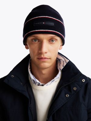 blue corporate logo wool blend beanie for men tommy hilfiger