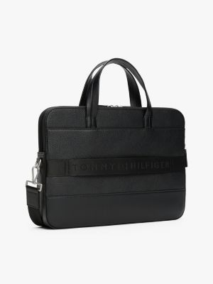czarny torba na laptop z groszkowanej skóry dla mężczyźni - tommy hilfiger