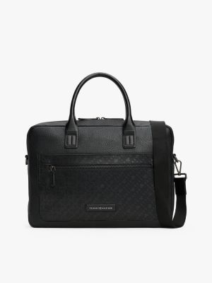 schwarz laptoptasche aus narbenleder mit th-monogramm für herren - tommy hilfiger