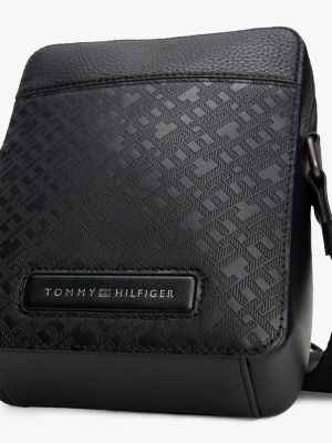 czarny torba th monogram, skóra z groszkowaną fakturą dla mężczyźni - tommy hilfiger