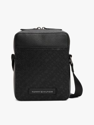 czarny torba th monogram, skóra z groszkowaną fakturą dla mężczyźni - tommy hilfiger