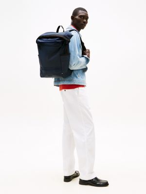 blue roll-top metal logo backpack for men tommy hilfiger