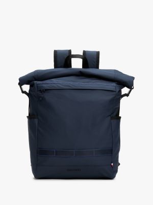 blue roll-top metal logo backpack for men tommy hilfiger