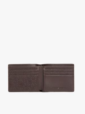 brown th monogram leather bifold card wallet for men tommy hilfiger