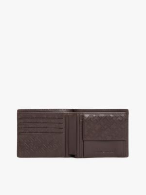 brown th monogram leather bifold wallet for men tommy hilfiger