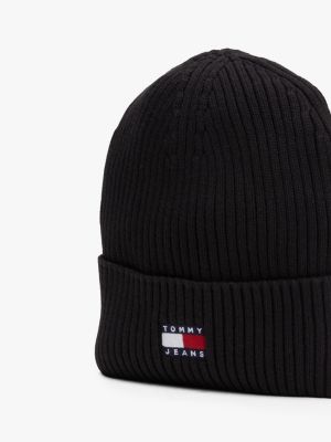 black heritage badge rib-knit beanie for men tommy jeans