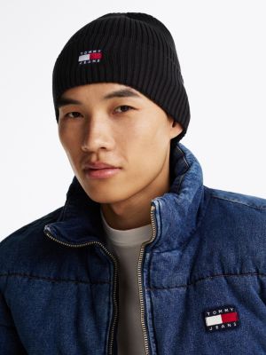 black heritage badge rib-knit beanie for men tommy jeans