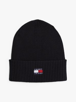 black heritage badge rib-knit beanie for men tommy jeans