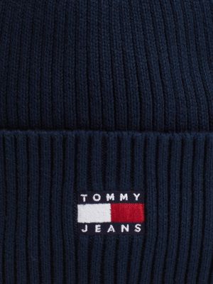 blue heritage badge rib-knit beanie for men tommy jeans