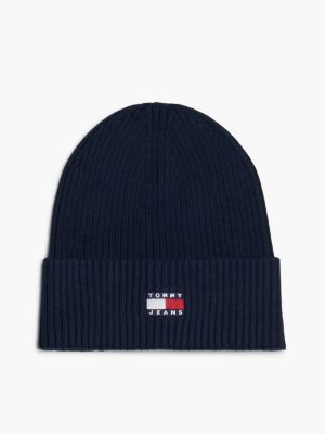 blue heritage badge rib-knit beanie for men tommy jeans