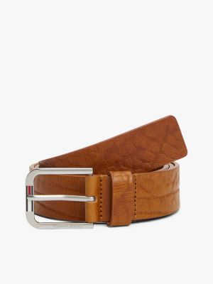 brown textured leather rounded buckle belt for men tommy jeans