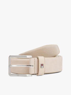 cintura in pelle con fibbia rotonda e logo beige da uomini tommy hilfiger