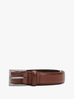 ceinture en cuir à boucle carrée et logo marron pour hommes tommy hilfiger