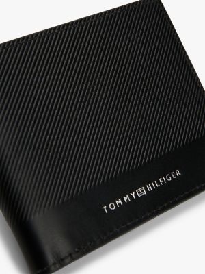 portefeuille à deux volets en cuir à logo noir pour hommes tommy hilfiger