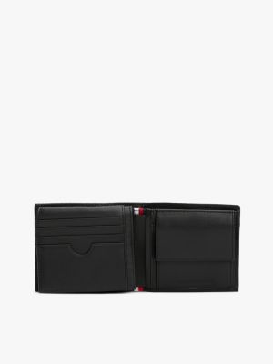 czarny skórzany portfel składany z emaliowaną flagą dla mężczyźni - tommy hilfiger