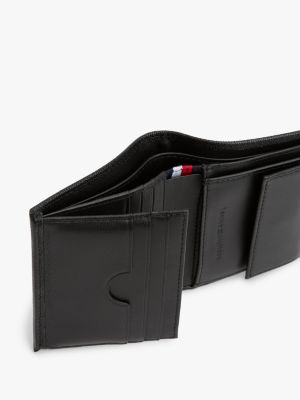 portefeuille à trois volets en cuir à drapeau noir pour hommes tommy hilfiger