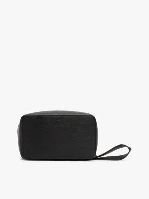 schwarz kulturbeutel mit metall-logo und narben-finish für herren - tommy hilfiger