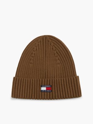 brown heritage logo rib-knit beanie for men tommy jeans