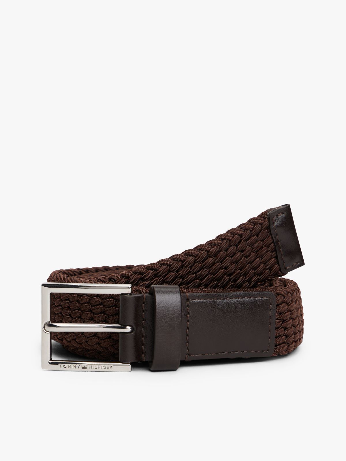 Woven Leather Webbing Square Buckle Belt — Brown