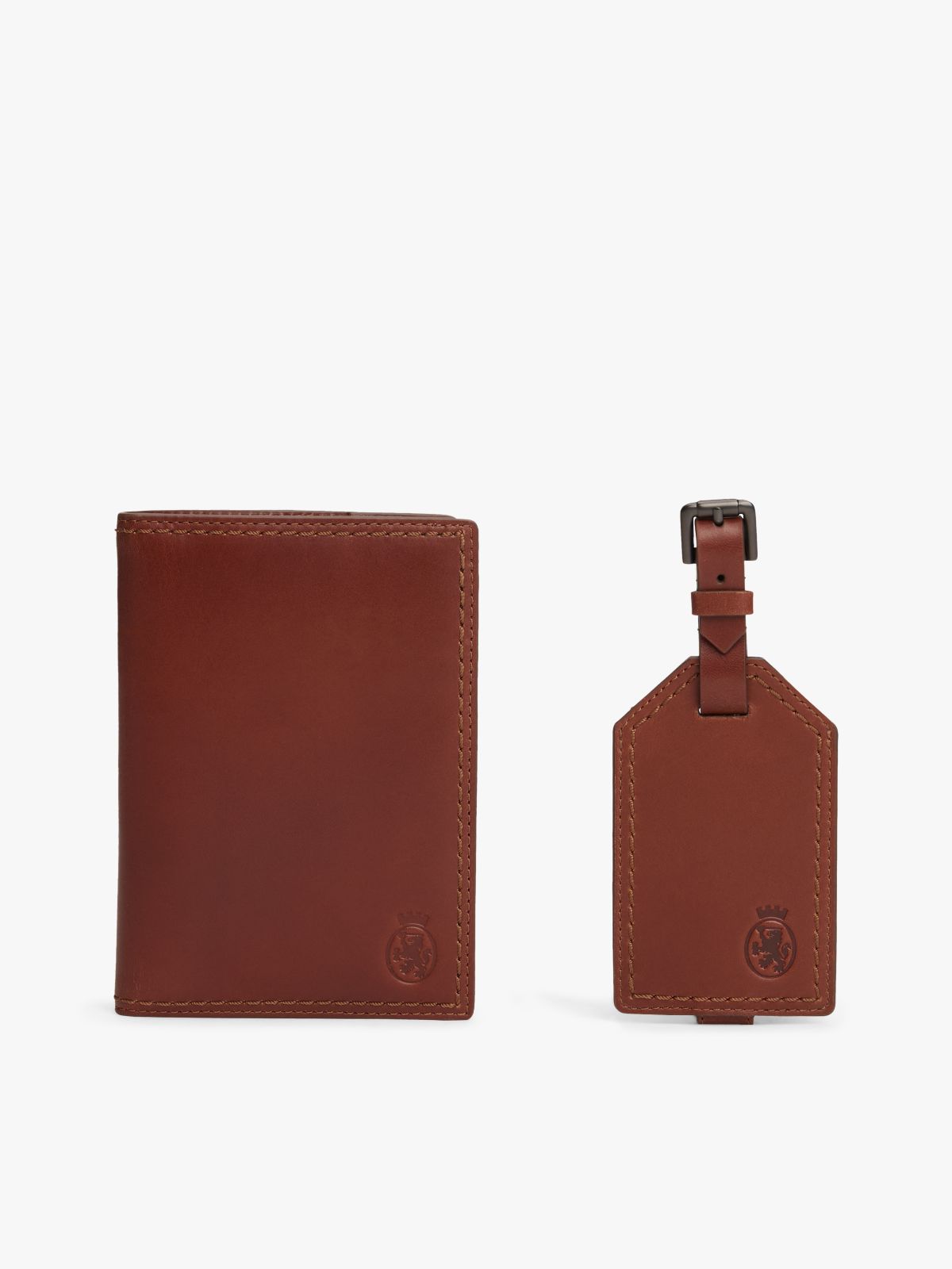Leather Passport Holder And Luggage Tag Set — Brown