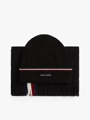 black rubberised logo beanie and scarf gift set for men tommy hilfiger