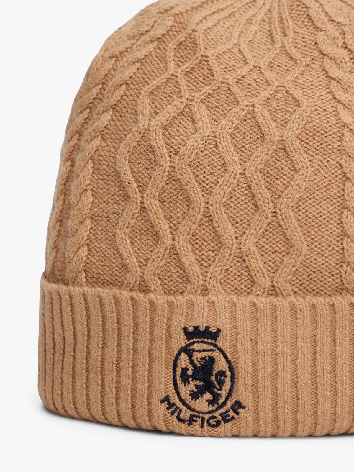 TH Crest Cable Knit Beanie — Beige