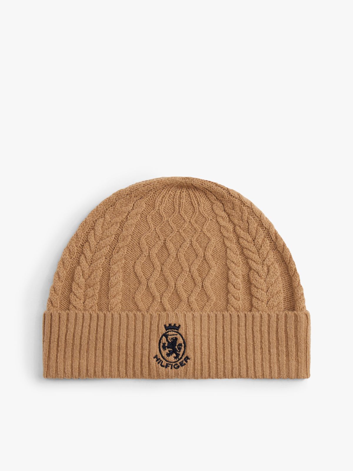 TH Crest Cable Knit Beanie — Beige