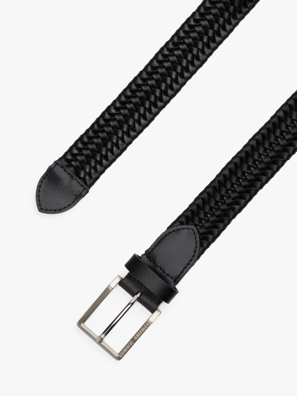 Woven Leather Square Buckle Belt — Black