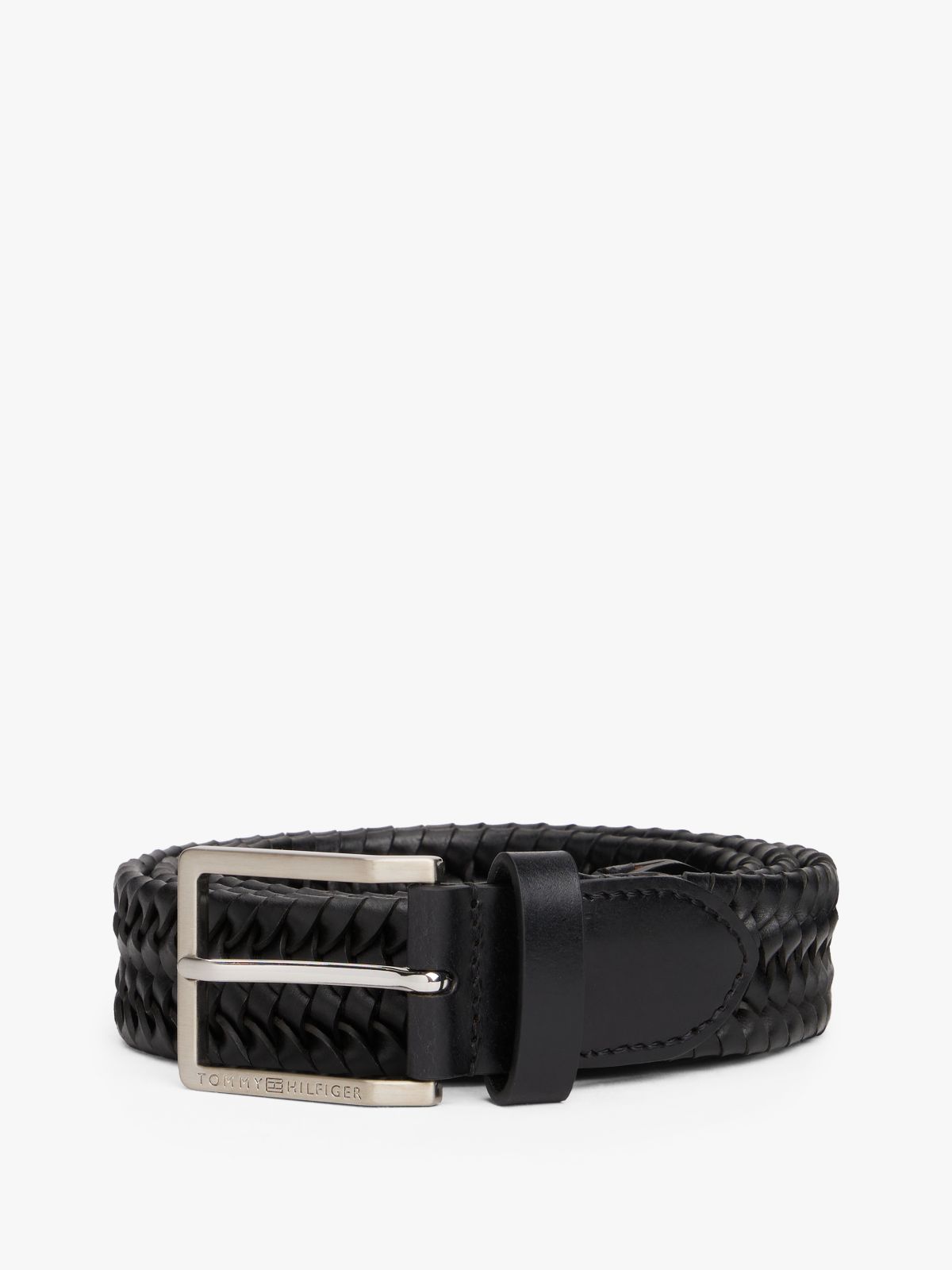 Woven Leather Square Buckle Belt — Black