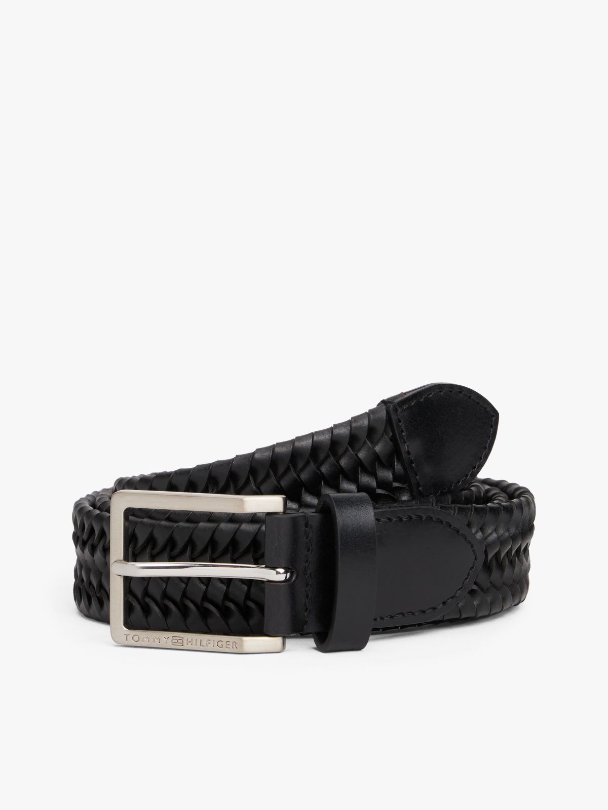 Woven Leather Square Buckle Belt — Black
