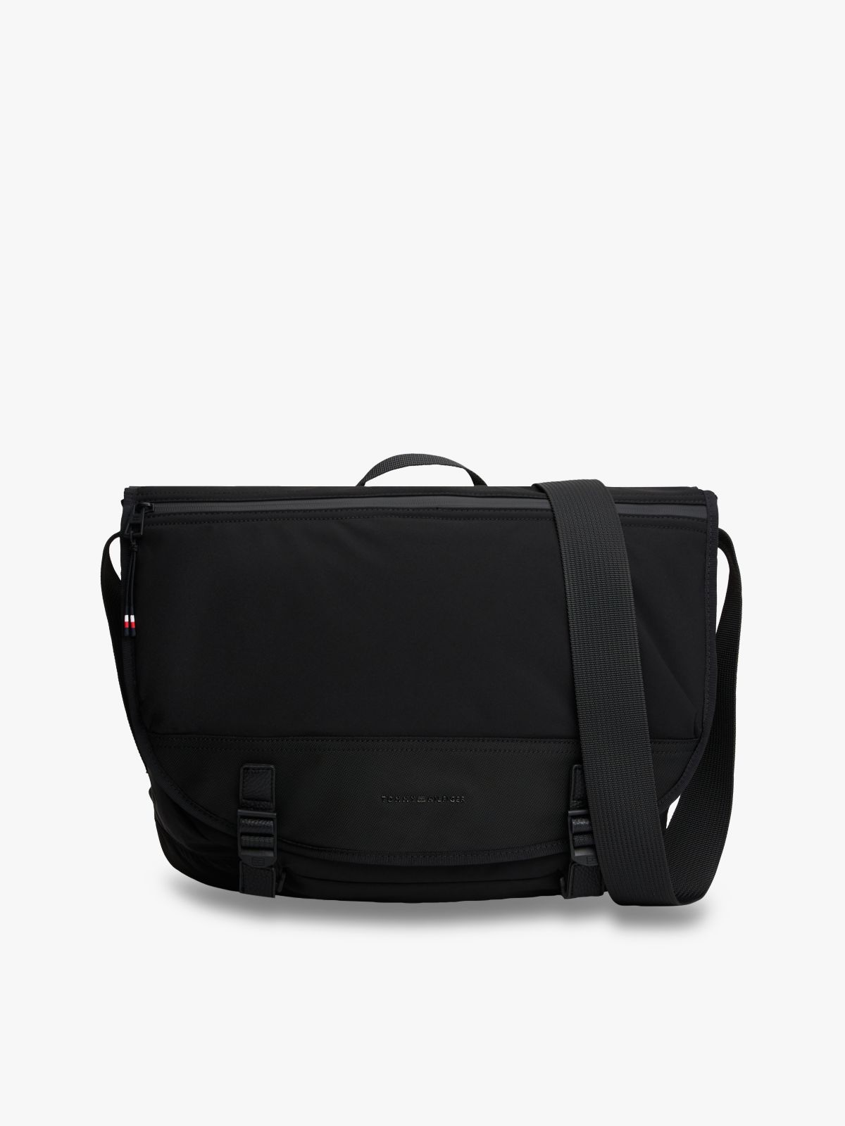 Textile Logo Flap Messenger Bag — Black