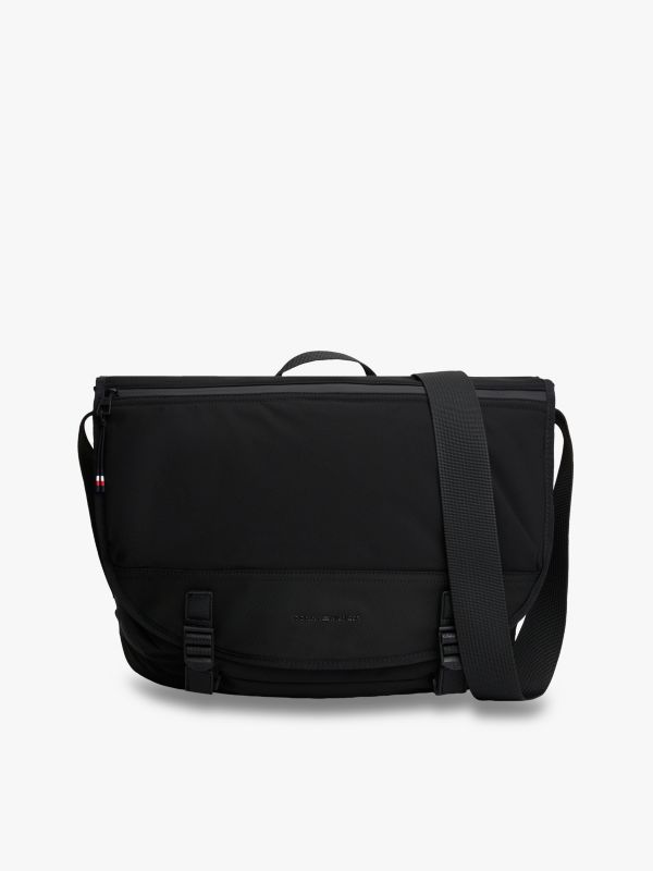 Textile Logo Flap Messenger Bag — Black