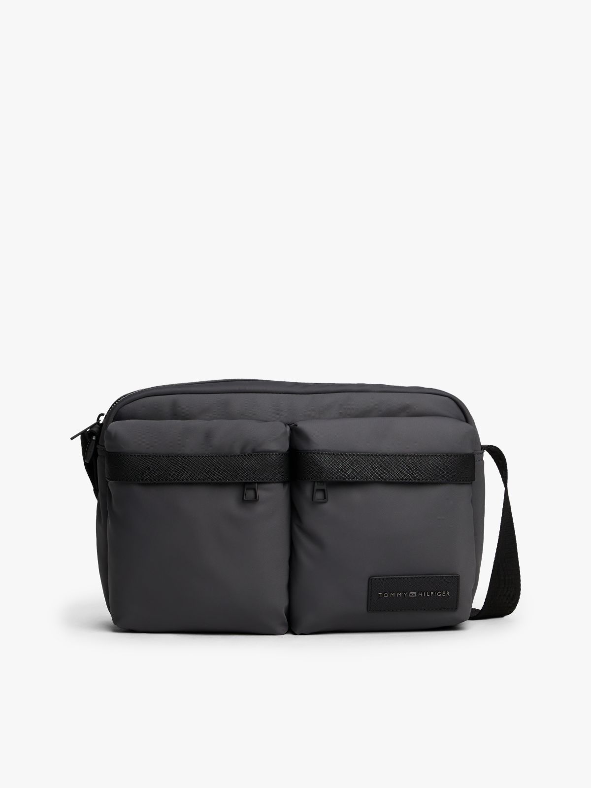 Textile Logo Patch Crossbody Reporter Bag — Grey