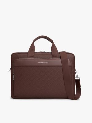 brown hilfiger flag laptoptas met gemengde texturen voor heren - tommy hilfiger