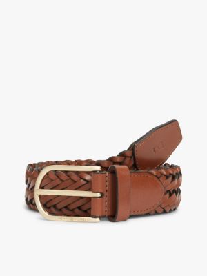 brown rounded buckle casual woven leather belt for men tommy hilfiger