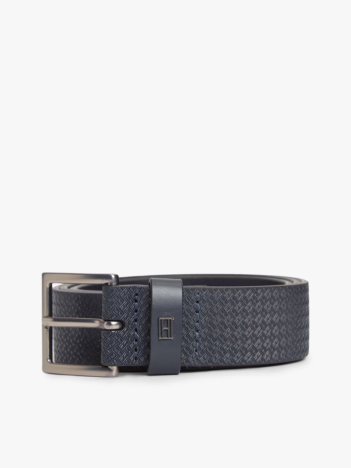 Flag Plaque Embossed Leather Belt — Blue