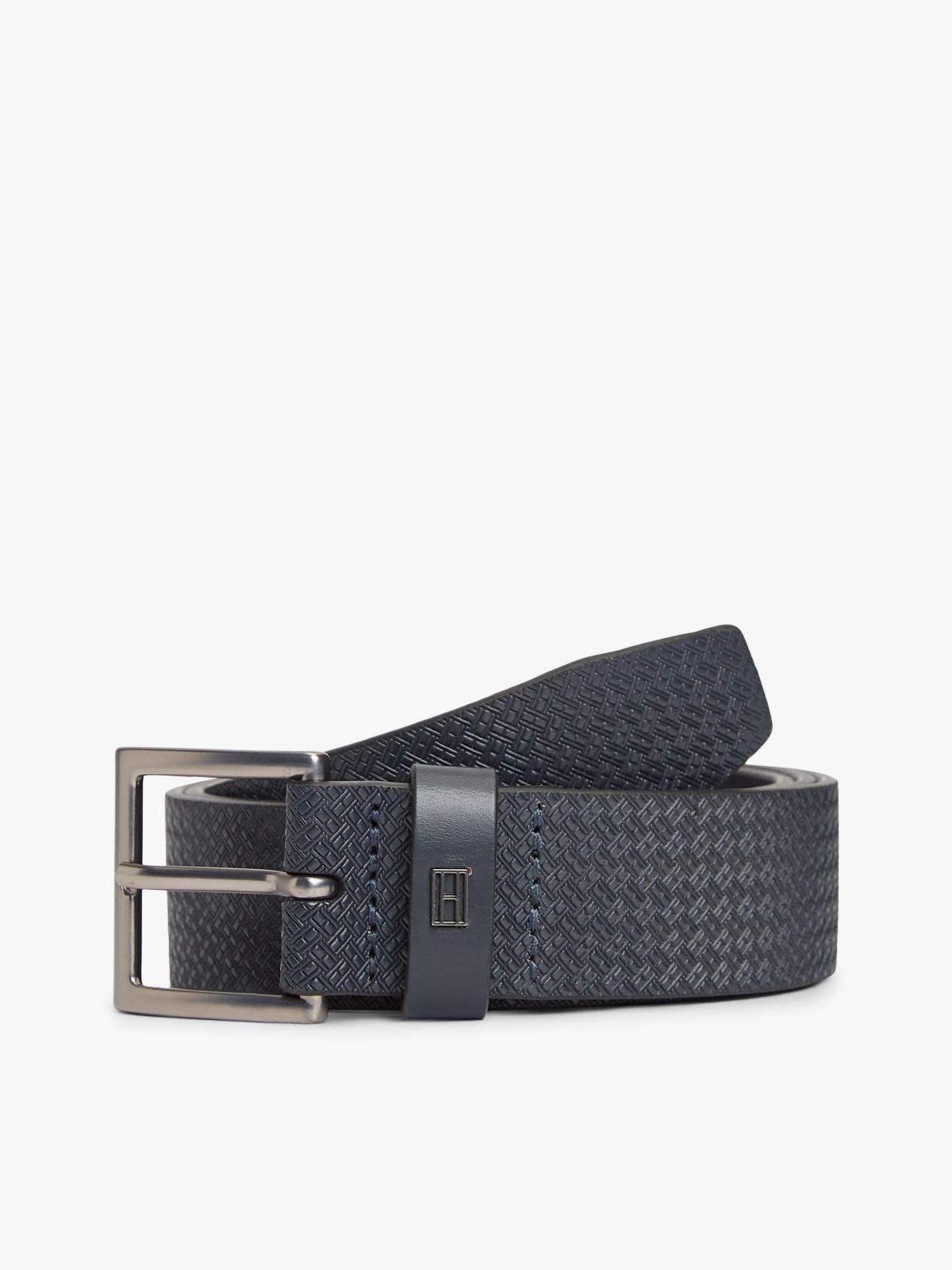Flag Plaque Embossed Leather Belt — Blue