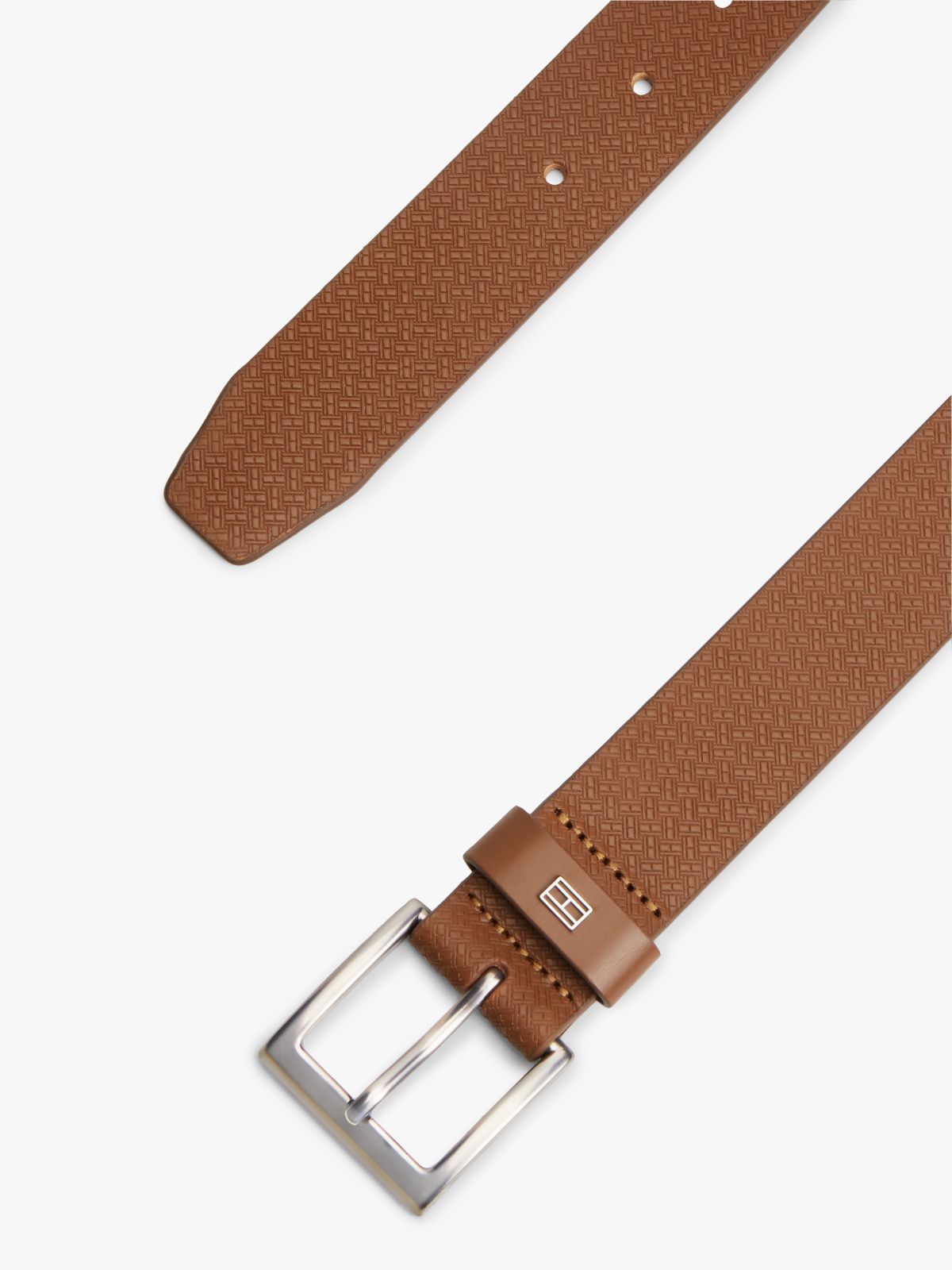 Flag Plaque Embossed Leather Belt — Brown