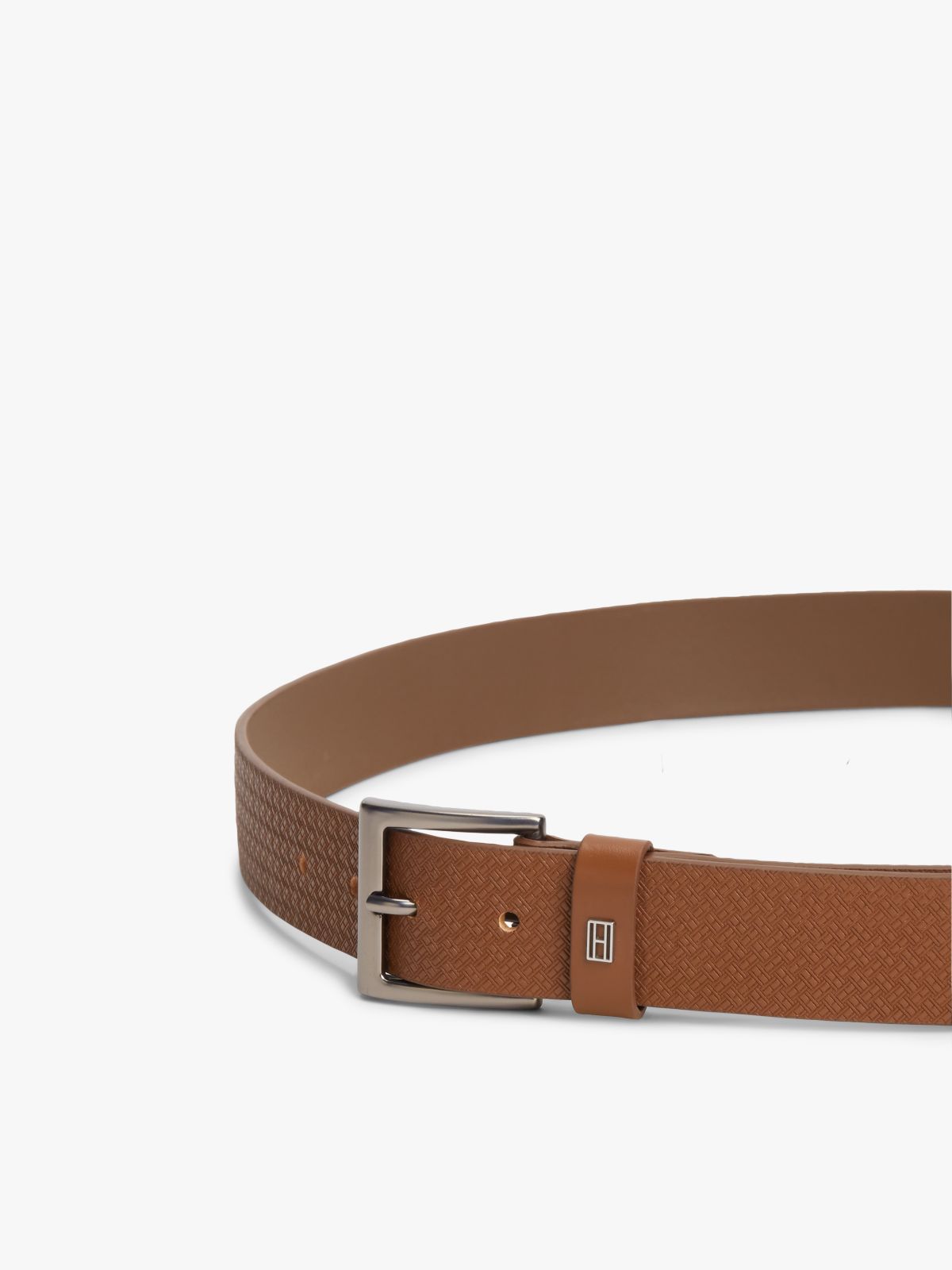 Flag Plaque Embossed Leather Belt — Brown