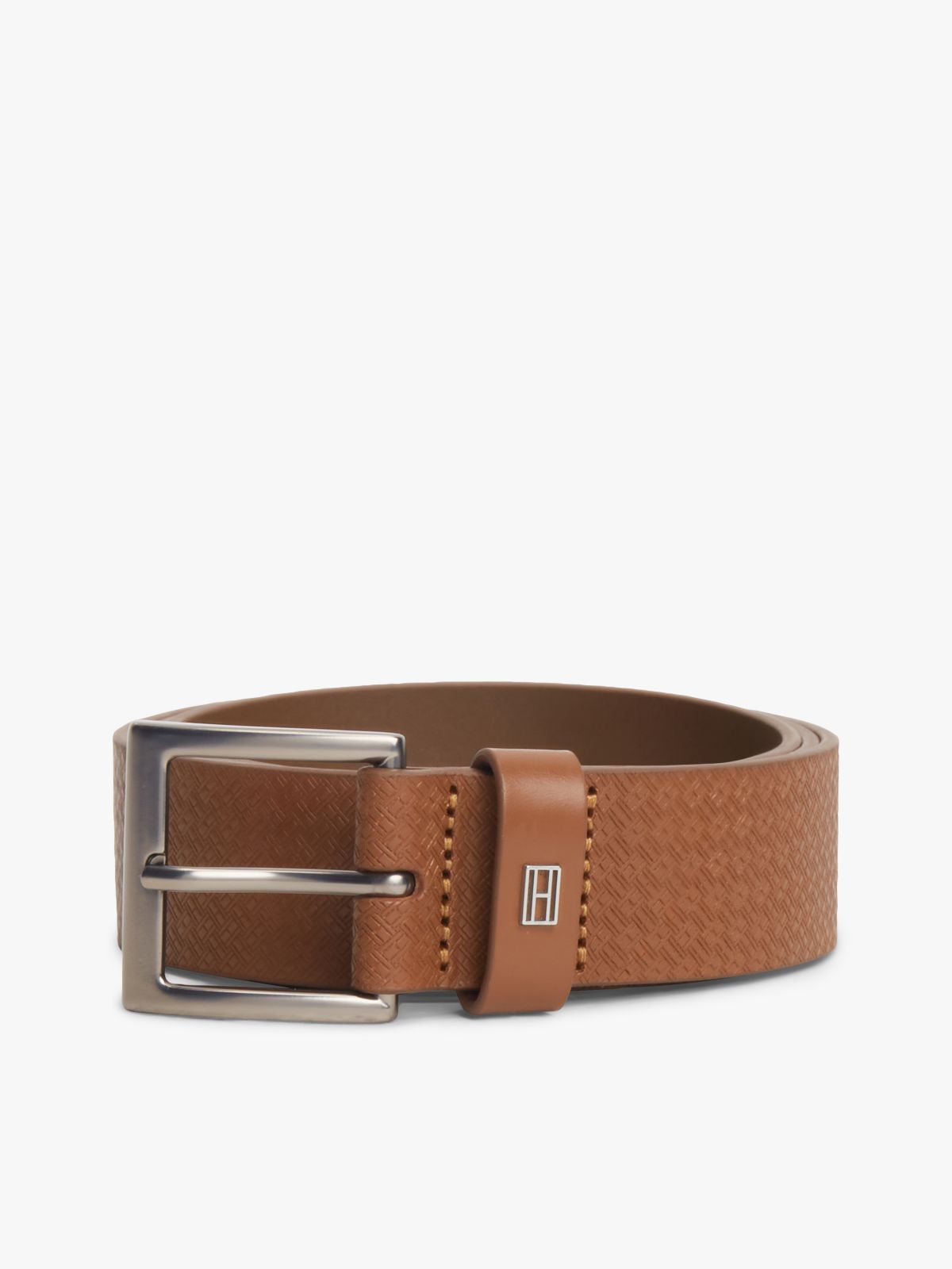 Flag Plaque Embossed Leather Belt — Brown