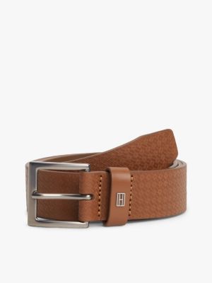 brown pasek skórzany z tłoczonym motywem flagi dla mężczyźni - tommy hilfiger