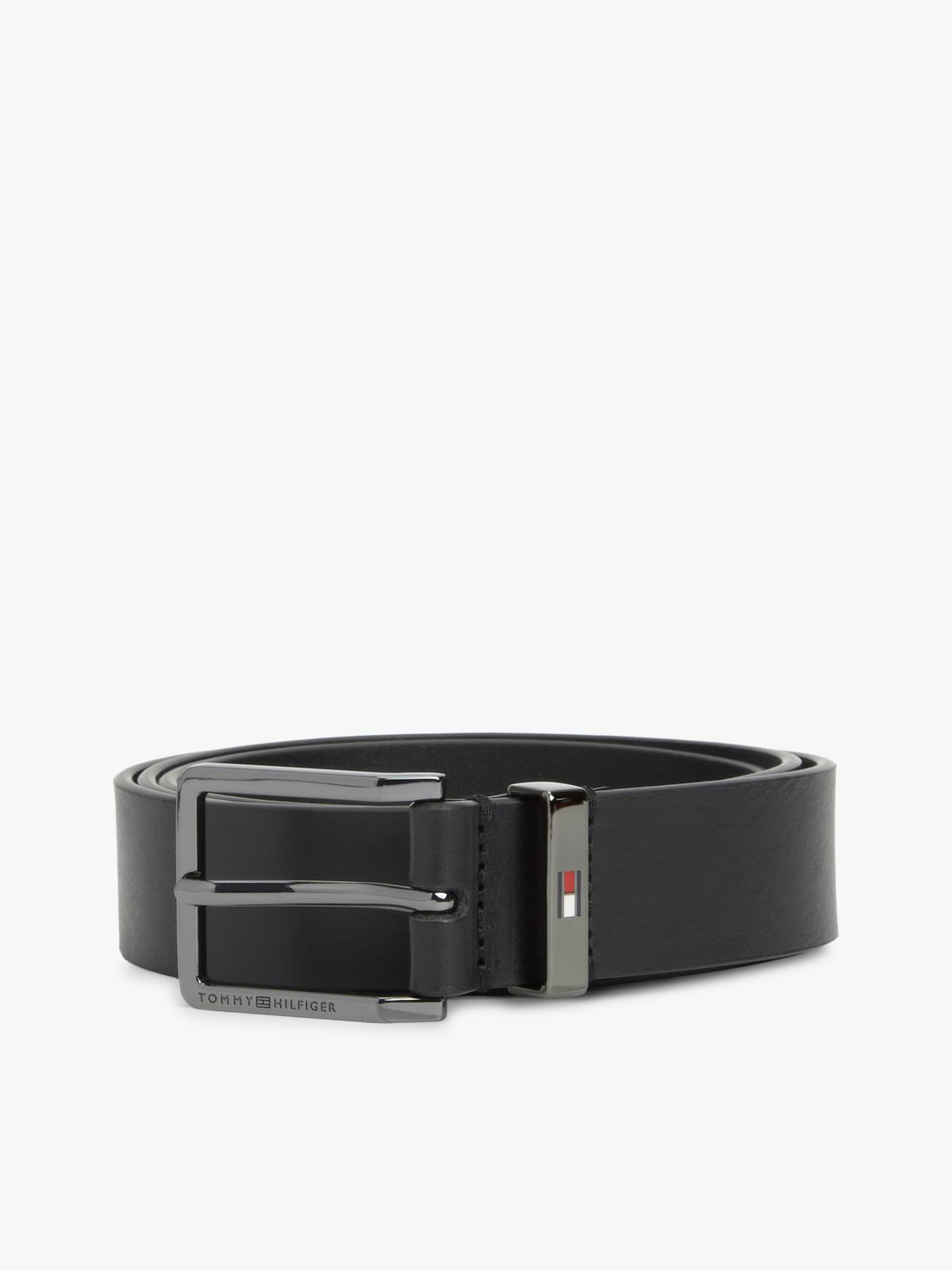 Debossed Logo Square Buckle Leather Belt — Black