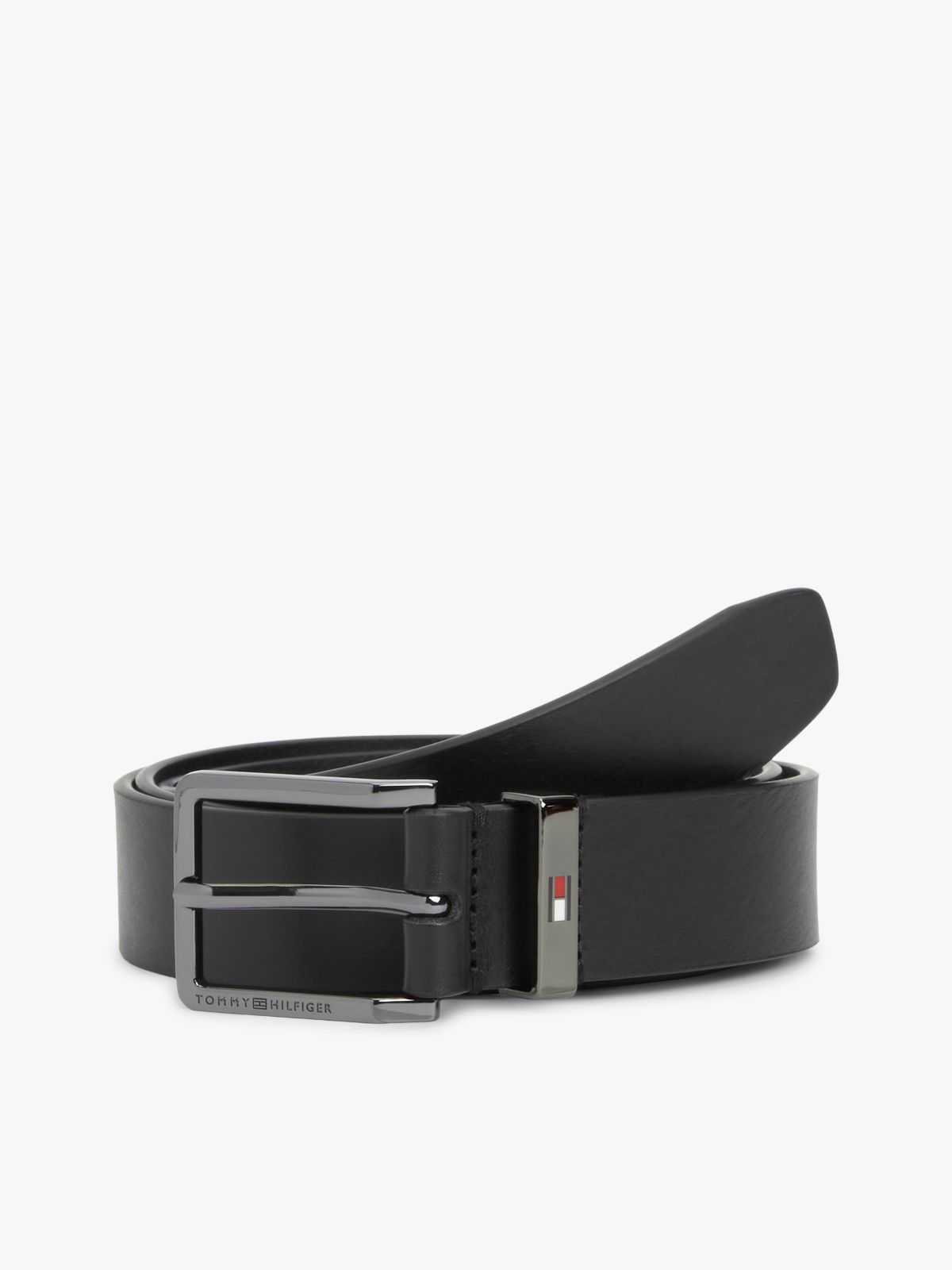 Debossed Logo Square Buckle Leather Belt — Black
