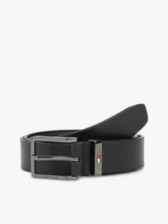 Debossed Logo Square Buckle Leather Belt — Black 1