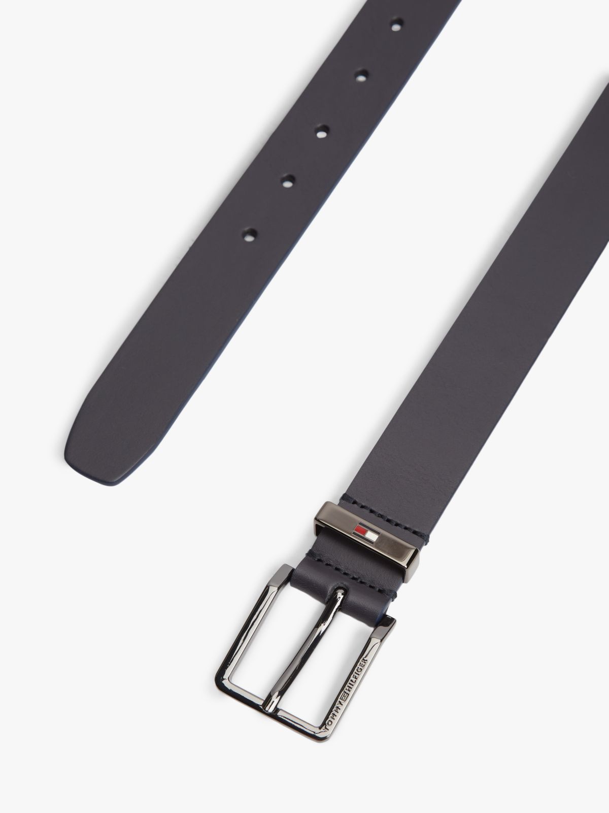 Debossed Logo Square Buckle Leather Belt — Blue