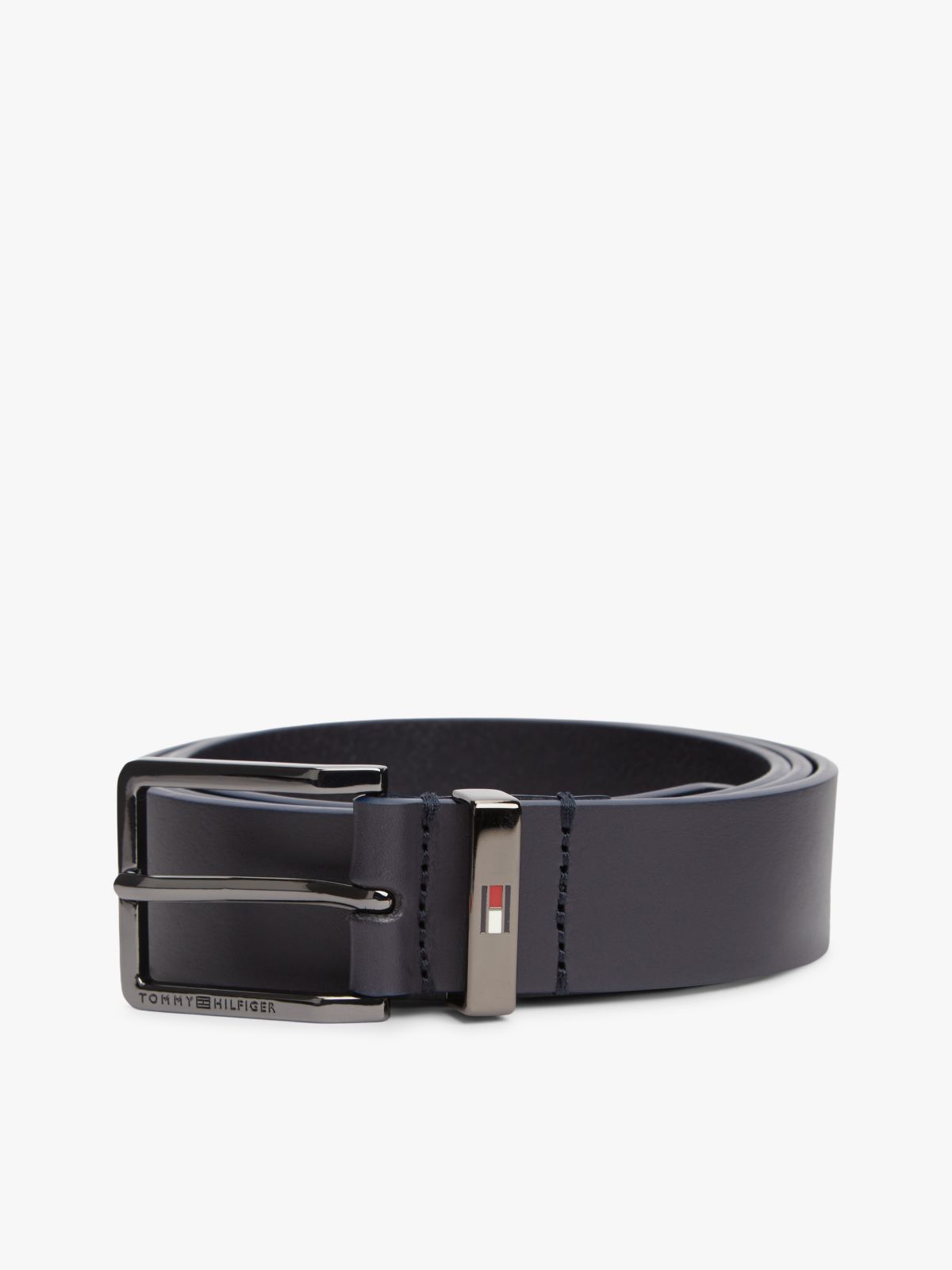 Debossed Logo Square Buckle Leather Belt — Blue